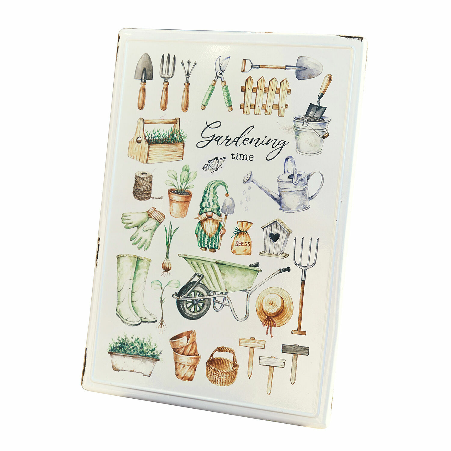 Dekoschild Whyalla Metalltafel mit Gartenwerkzeug-Motiven und Schriftzug Gardening time als Dekoration