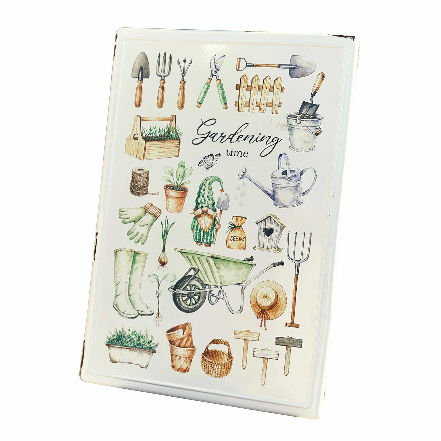 Dekoschild Whyalla Metalltafel mit Gartenwerkzeug-Motiven und Schriftzug Gardening time als Dekoration