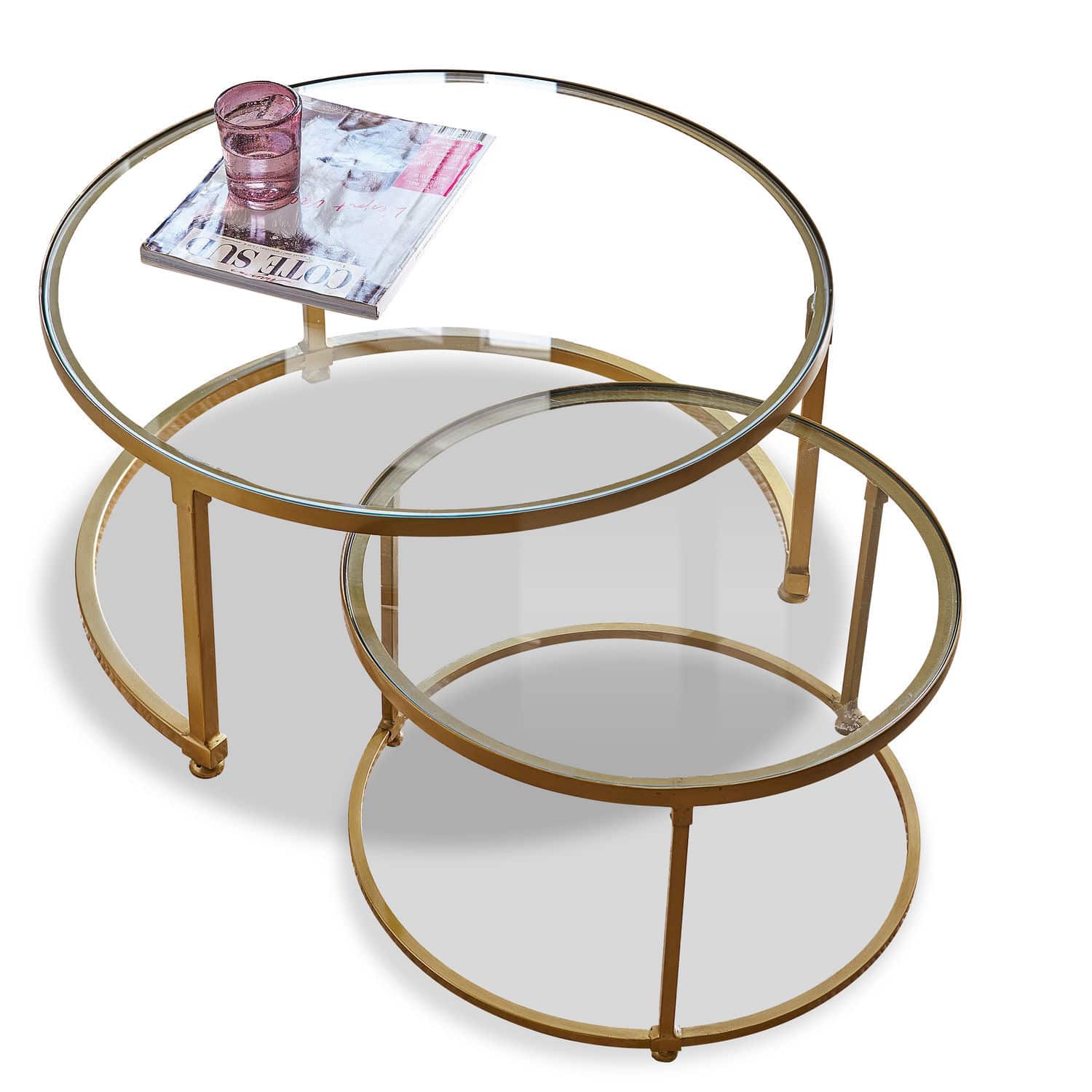 Couchtisch 2er Set Caraman Zweiteiliges Set runder Couchtische mit Glasplatte und goldfarbenem Metallgestell für Wohnzimmer
