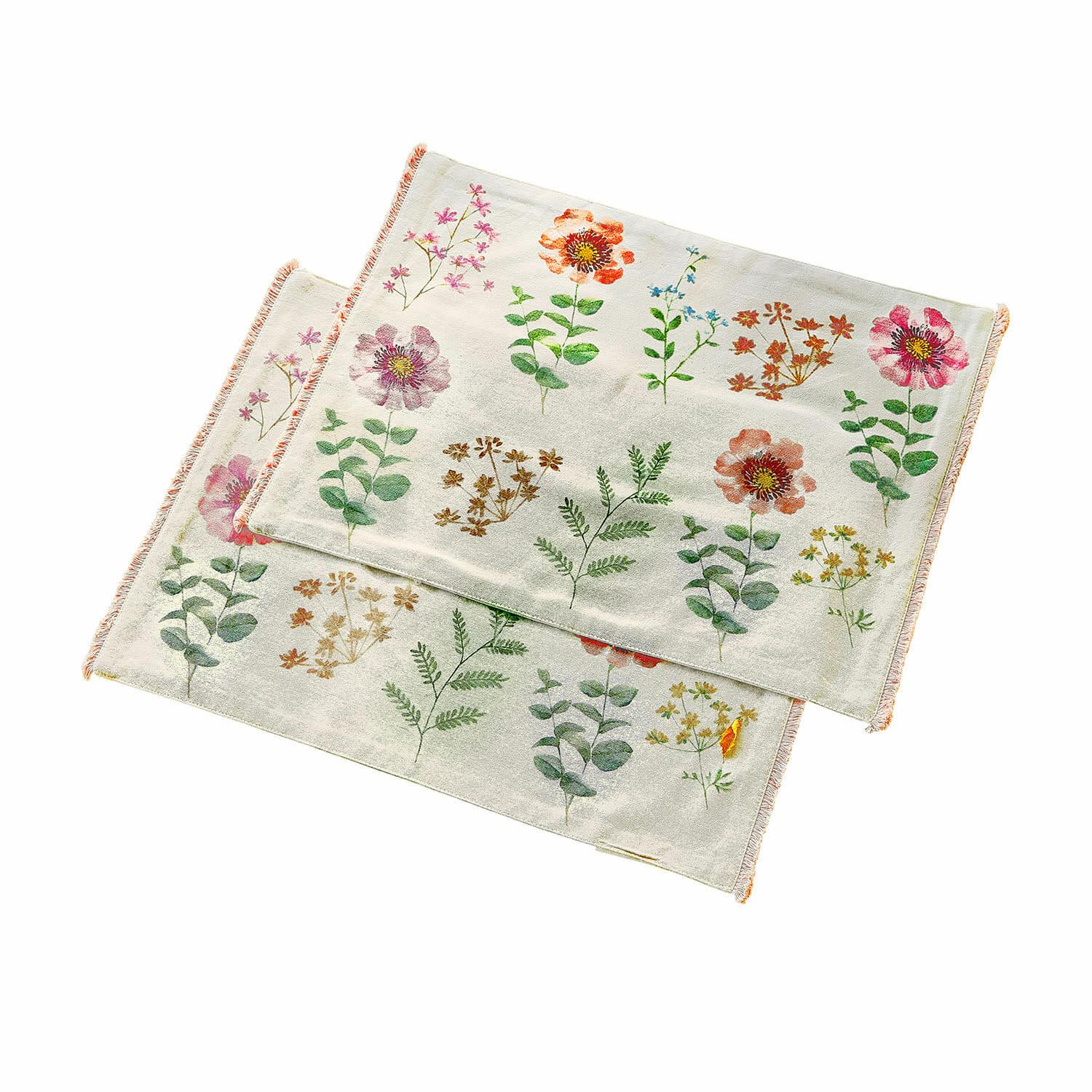Set aus zwei cremefarbenen Baumwoll-Tischsets mit buntem Blumenmuster für den Esstisch
