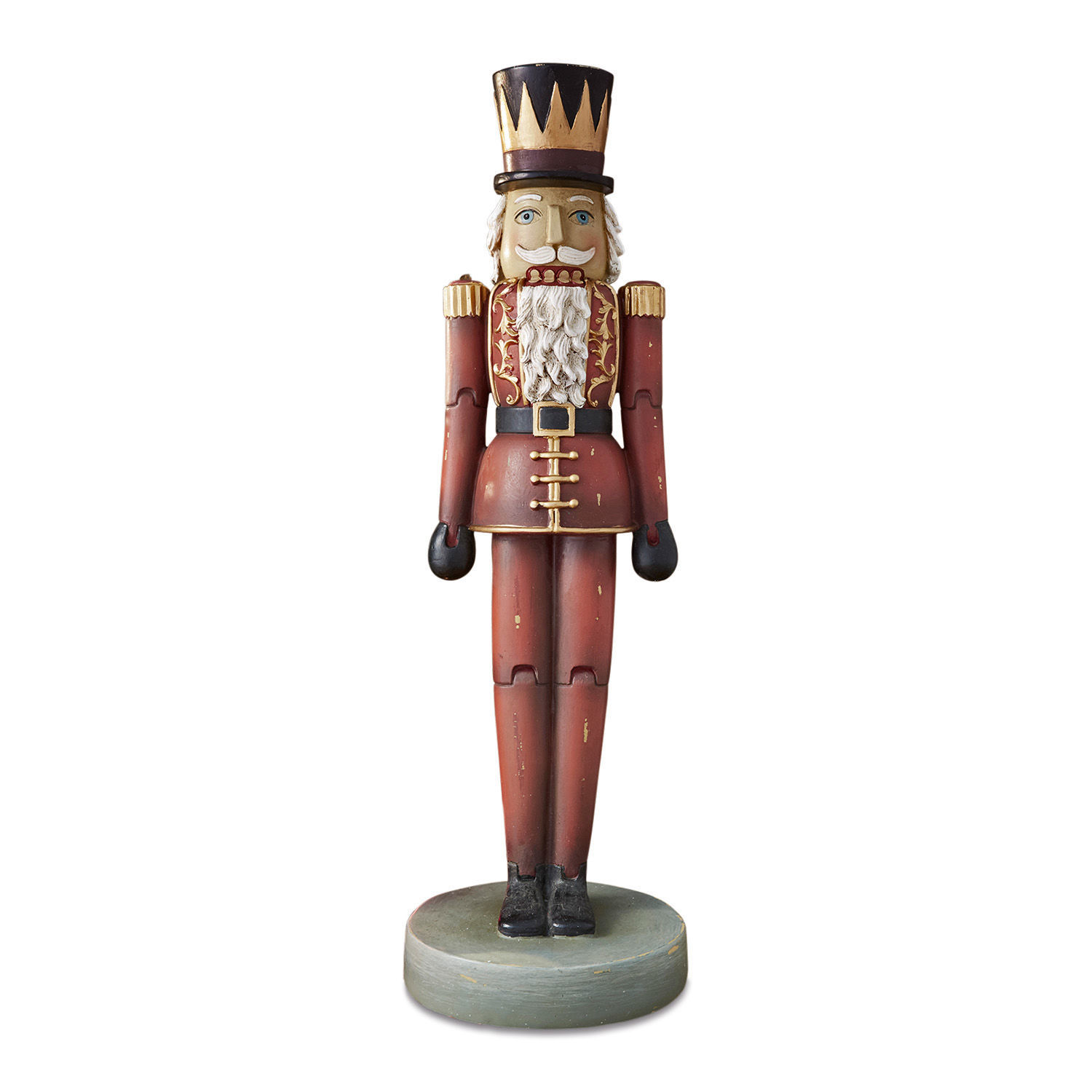 Deko-Nussknacker Serifa Holz-Nussknackerfigur in rotem Uniform mit schwarz-goldenem Hut auf grünem Sockel, Weihnachtsdeko