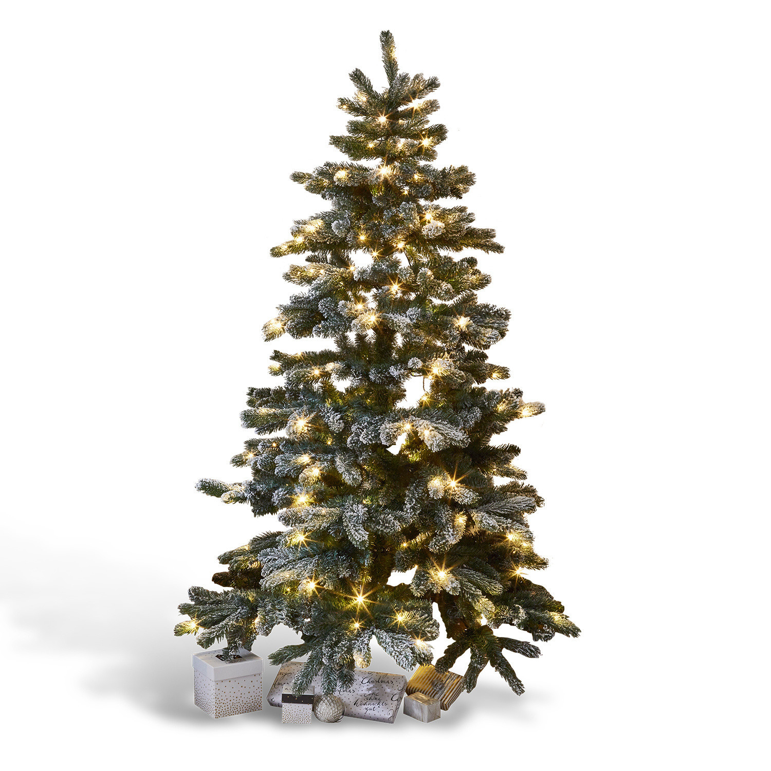 Weihnachtsbaum Mannier Künstlicher Weihnachtsbaum mit schneebedeckten Zweigen und warmen LED-Lichtern, Geschenke darunter