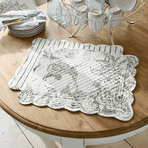 Weiß gepolsterte Tischunterlage mit schwarzem Blumenmuster, Küchendekoration, Tischtextilien