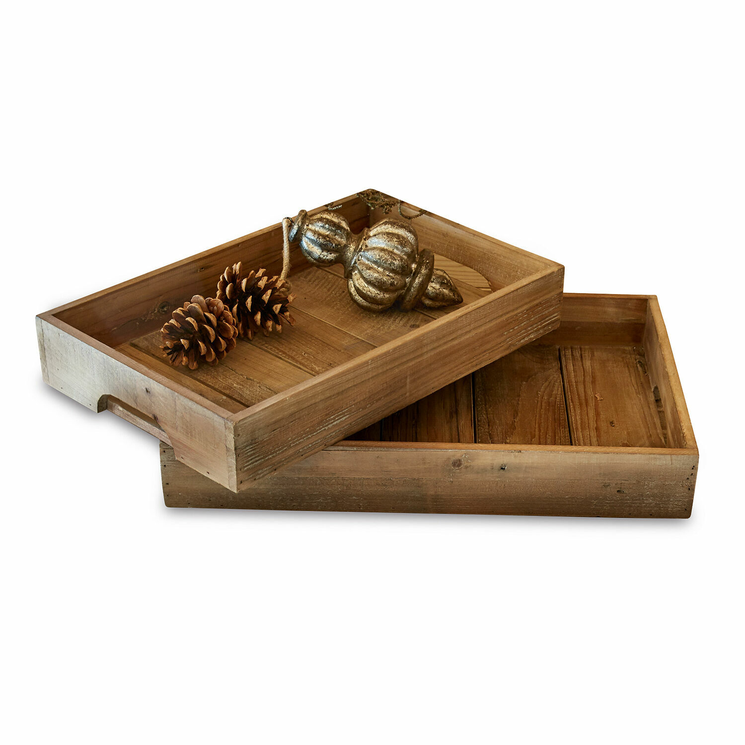 Tablett 2er Set Kerbella Holztabletts in Naturfarbe mit Zapfen und goldenem Dekor für rustikales Ambiente