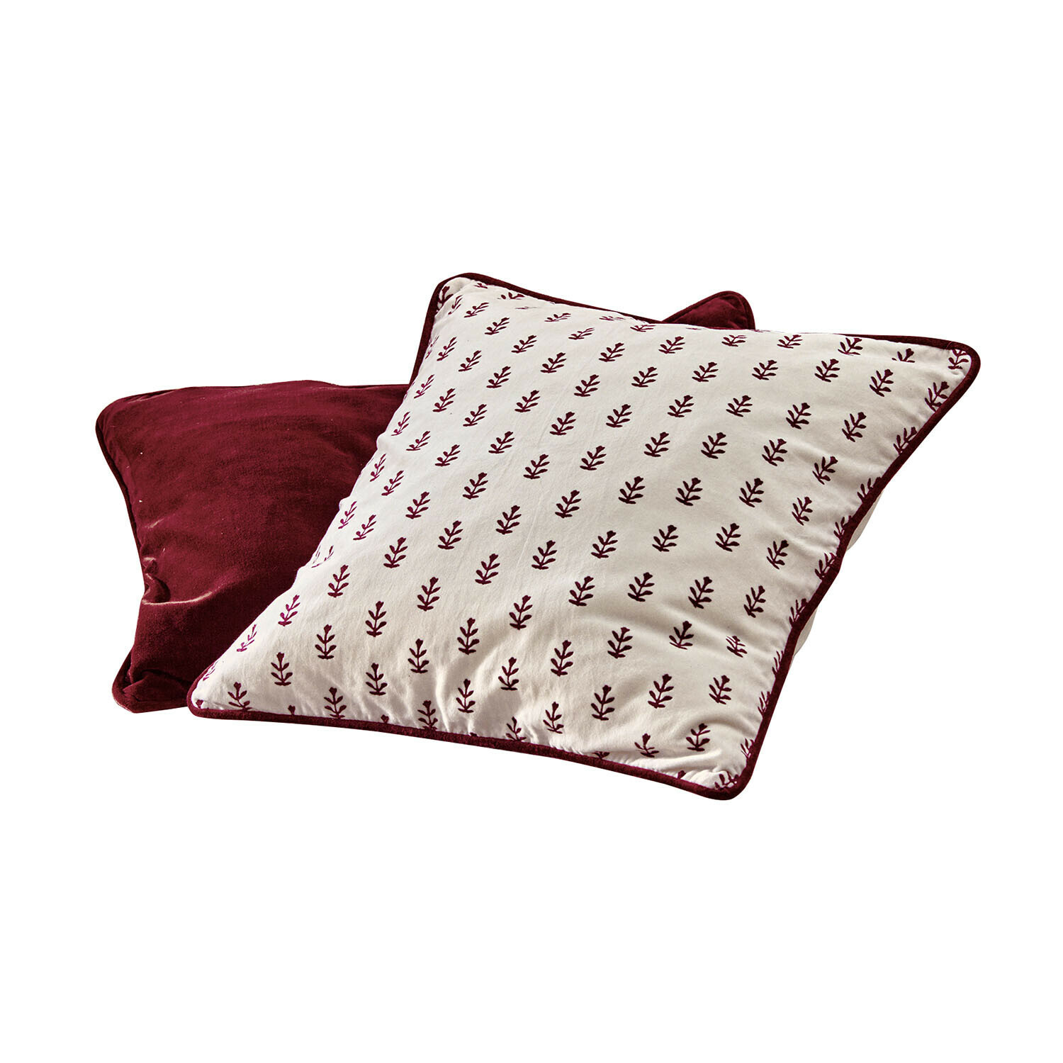 Kissenhülle 2er Set Eilira Set aus zwei dekorativen Baumwollkissen in Bordeaux mit Blättermuster für Wohnzimmer