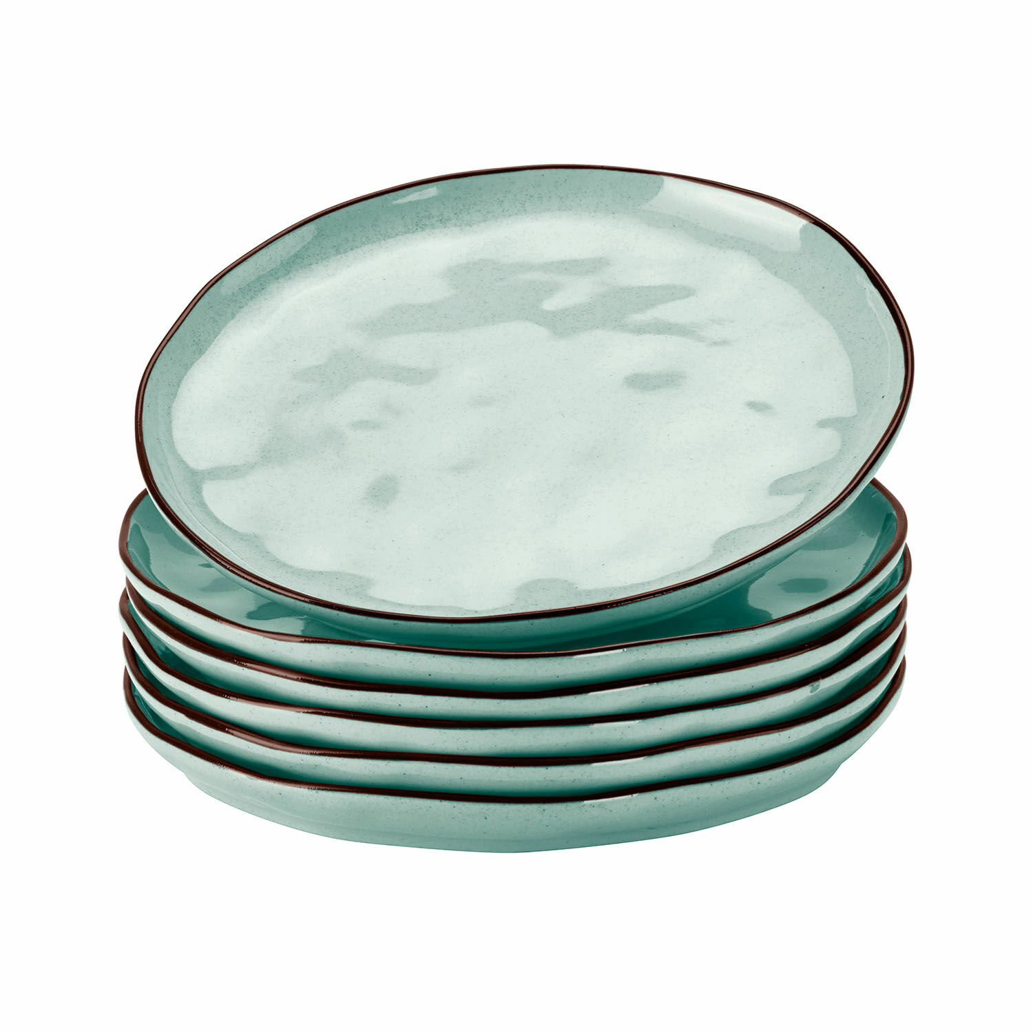 Dessertteller 6er Set Biarré Set aus sechs mintgrünen Keramiktellern mit braunem Rand zum Servieren von Speisen