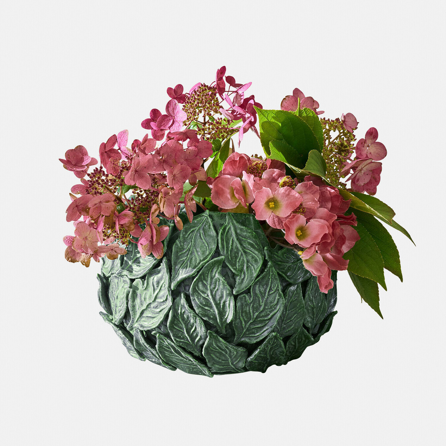 Vase Fiorabela Grüner Blätter-Übertopf mit rosa Hortensienblüten, dekoratives Wohnaccessoire