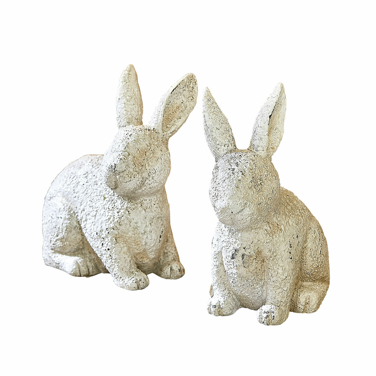 Zwei weiße dekorative Hasenfiguren aus strukturiertem Material für Wohn- und Gartendekor