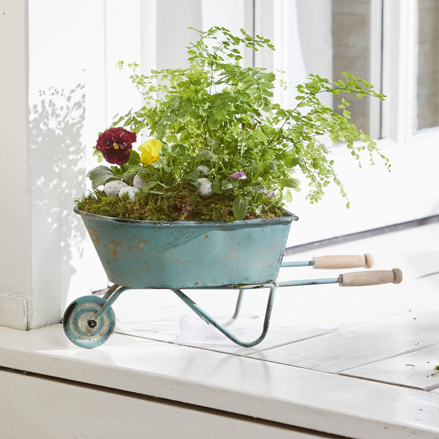 Deko-Schubkarre Morla Blaue Metallschubkarre mit Holzgriffen, gefüllt mit grünen Pflanzen und Blumen auf Fensterbank