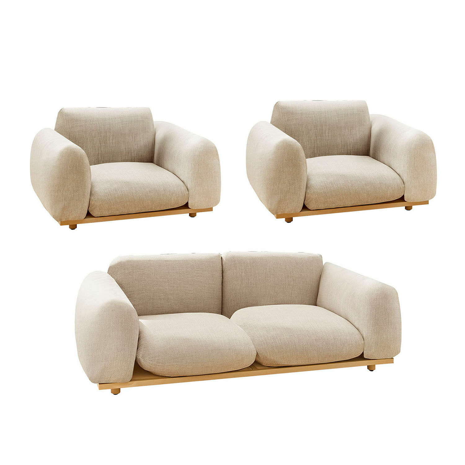 Sitzgruppe Savinard Beiges Sofa- und Sessel-Set aus Stoff mit Holzsockel, modernes und gemütliches Wohnzimmermöbel