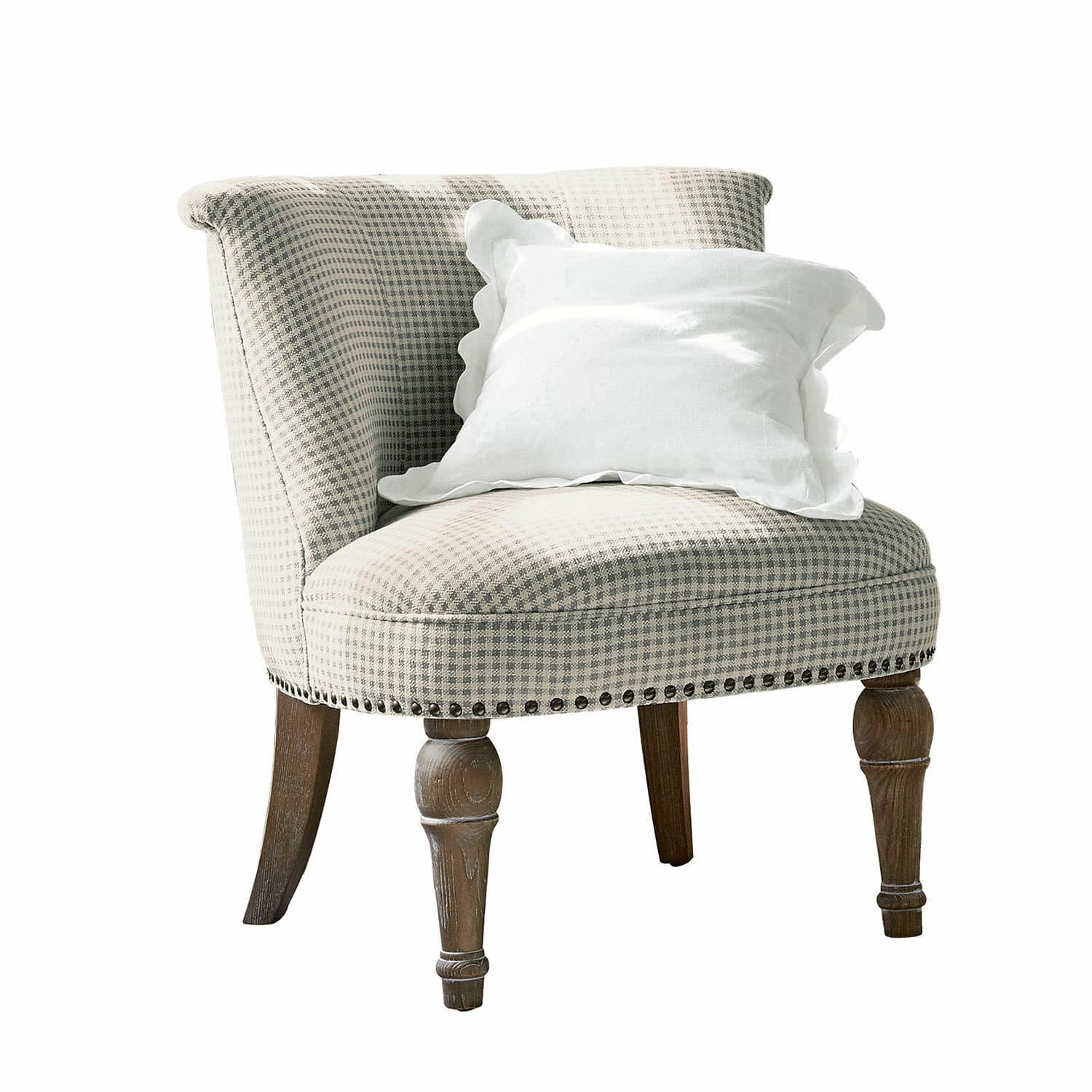 Sessel Francet Eleganter Sessel mit kariertem Stoffbezug, Holzbeinen und weißem Dekokissen