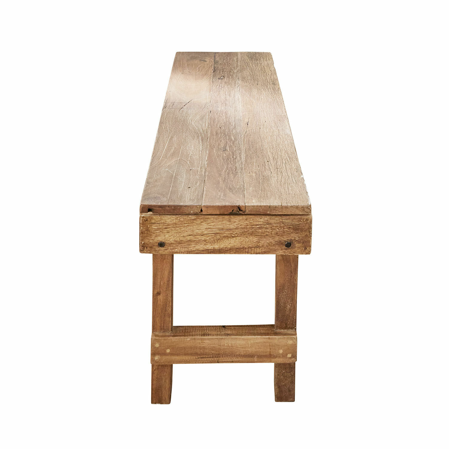 Holzbank in natürlicher Farbe mit schlichter Konstruktion, ideal für Innen- und Außenbereiche