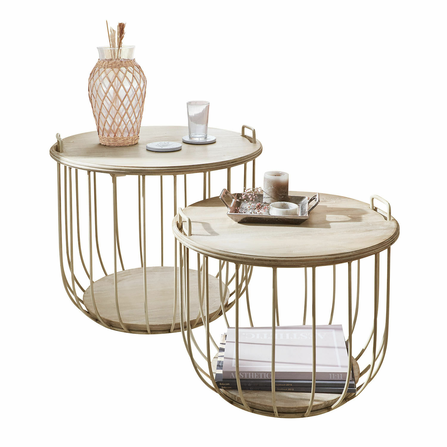 Couchtisch 2er Set Lawson Set aus zwei runden Beistelltischen mit Metallgestell und hellem Holzplatte für Wohnzimmer