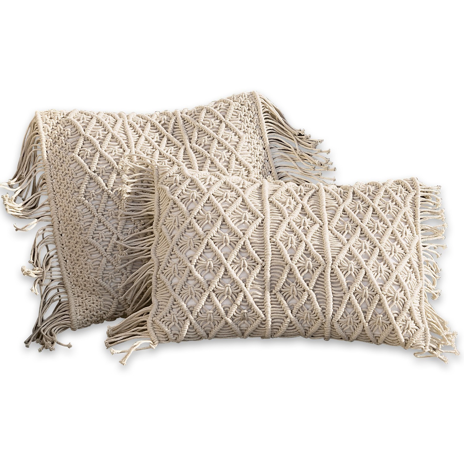 Beige Makramee-Dekokissen aus Baumwolle mit Fransen, Boho-Stil für Wohnzimmer
