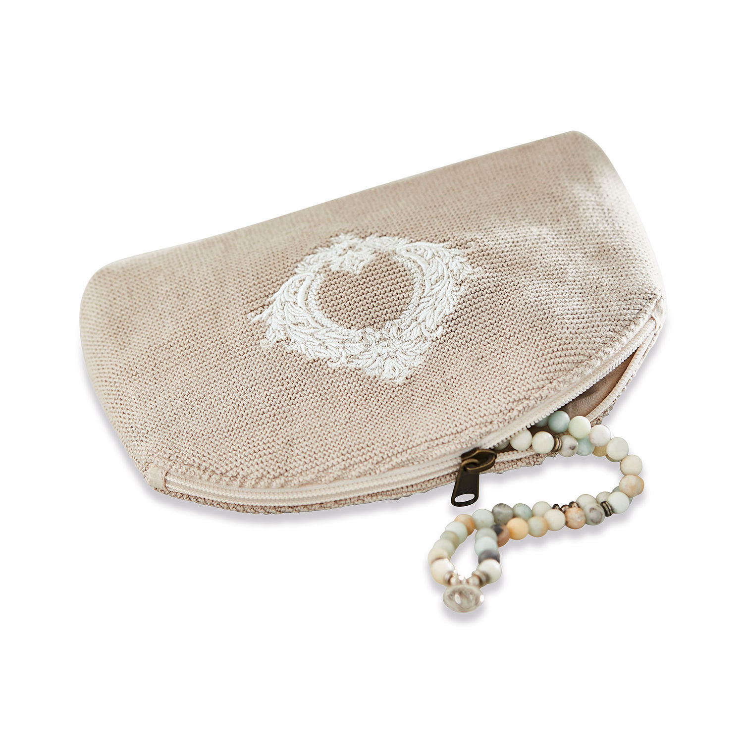 Beige Baumwoll-Kosmetiktasche mit weißem Stickkranz und Perlenanhänger