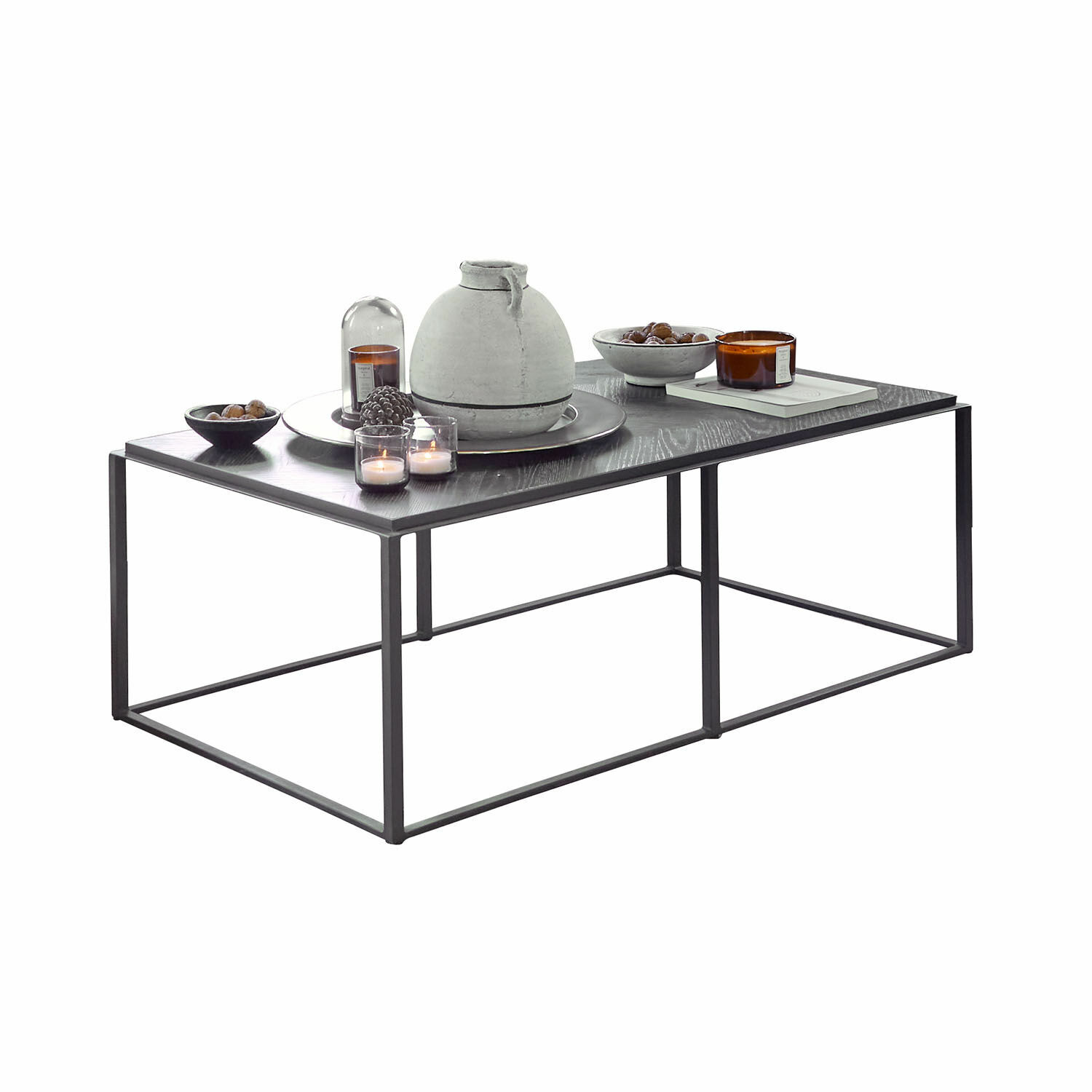 Couchtisch Lumesto Moderner Couchtisch mit Metallrahmen und dunkler Holzplatte, dekorative Accessoires darauf