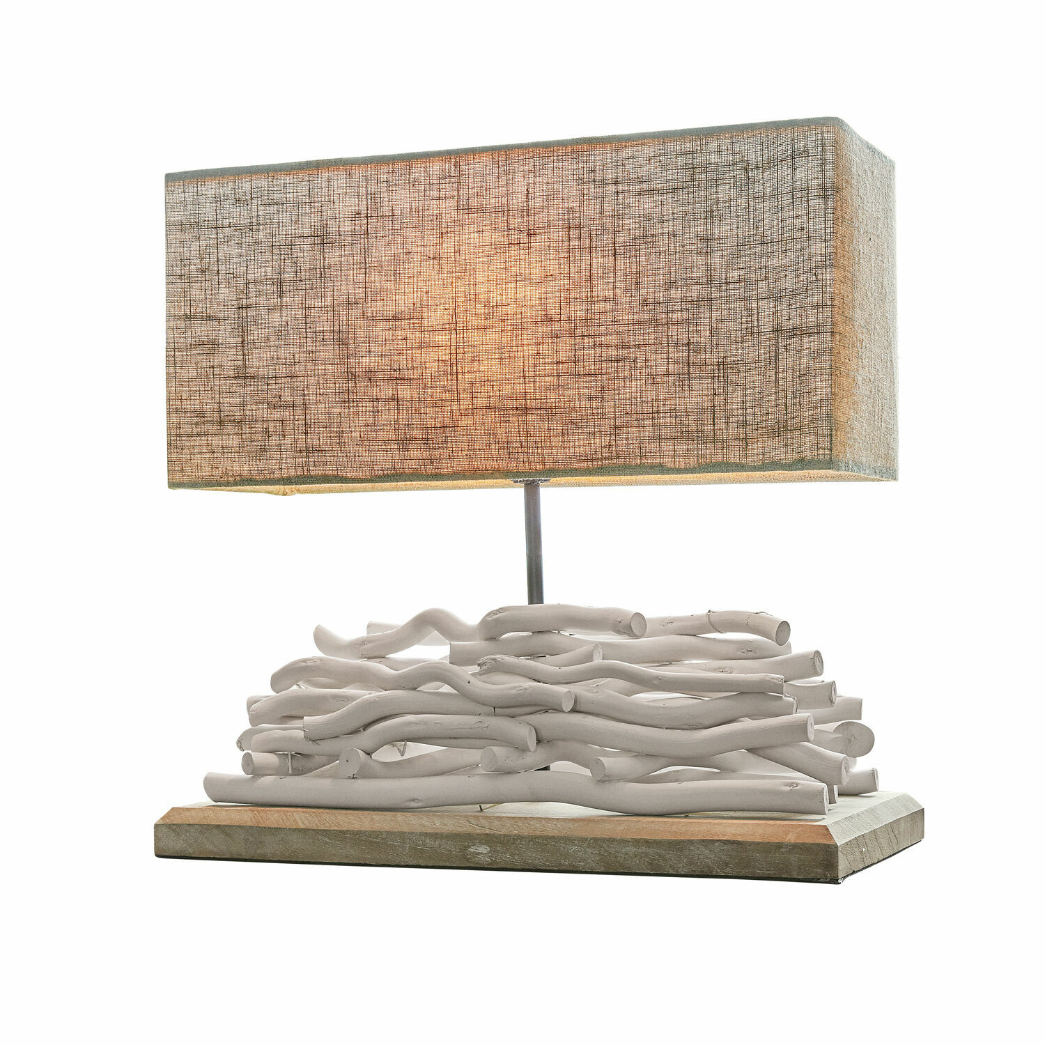 leinen/weiß Tischlampe Caribou mit weißem Holzfuß und beigem Stoffschirm, dekorative Wohnraumleuchte