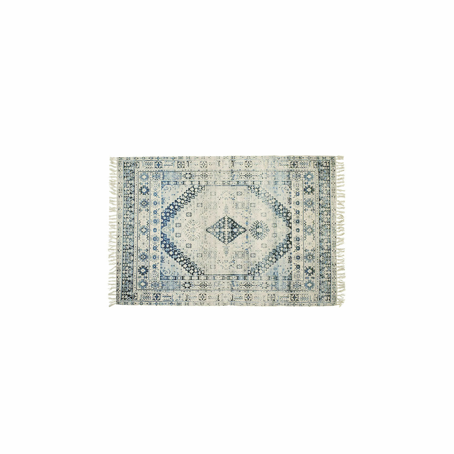 In- & Outdoor-Teppich Daly Baumwollteppich in Creme mit blauen Mustern und Fransen, stilvolle Bodendekoration