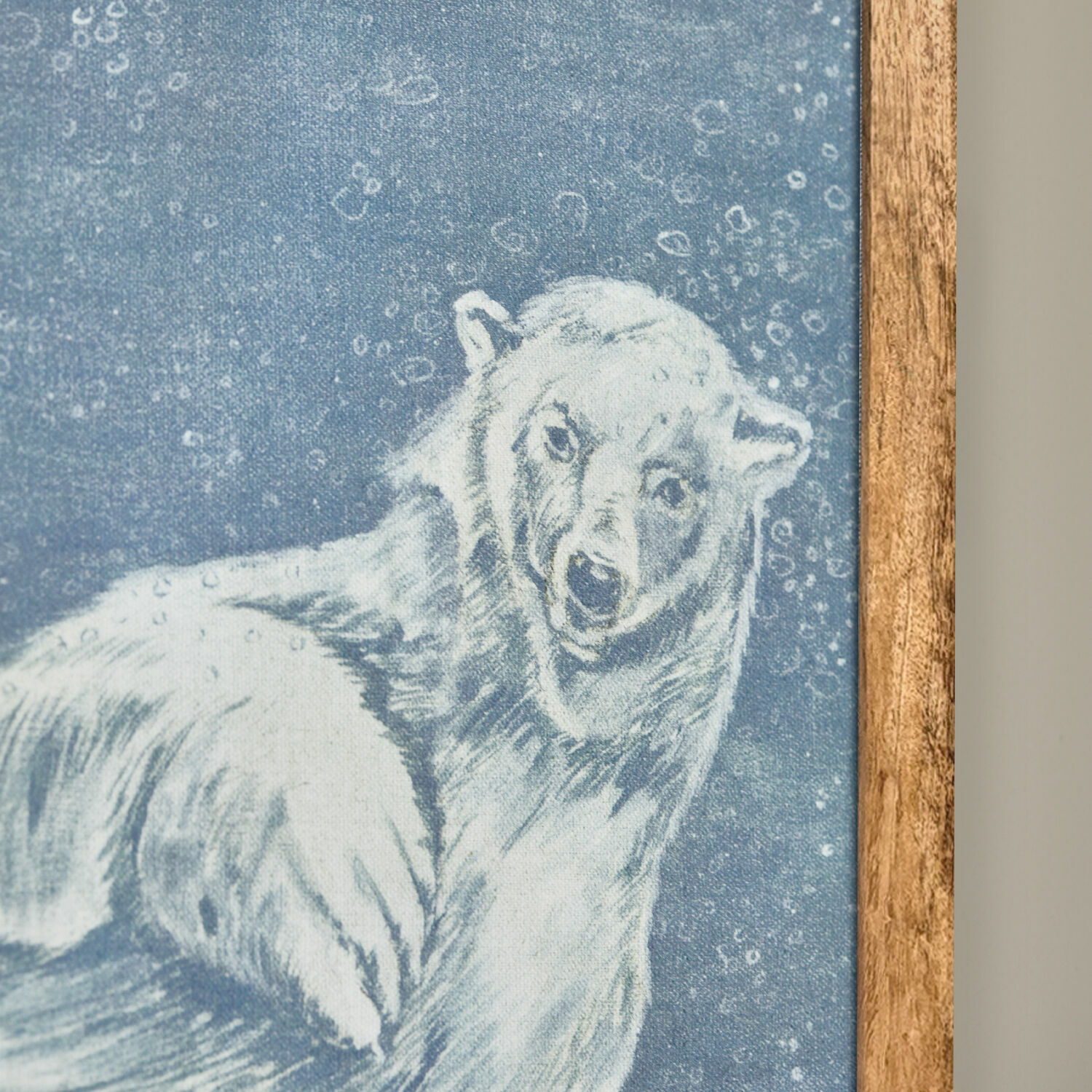 Bild mit weißem Eisbär auf blauem Hintergrund in Holzrahmen, Wanddekoration für Wohnzimmer