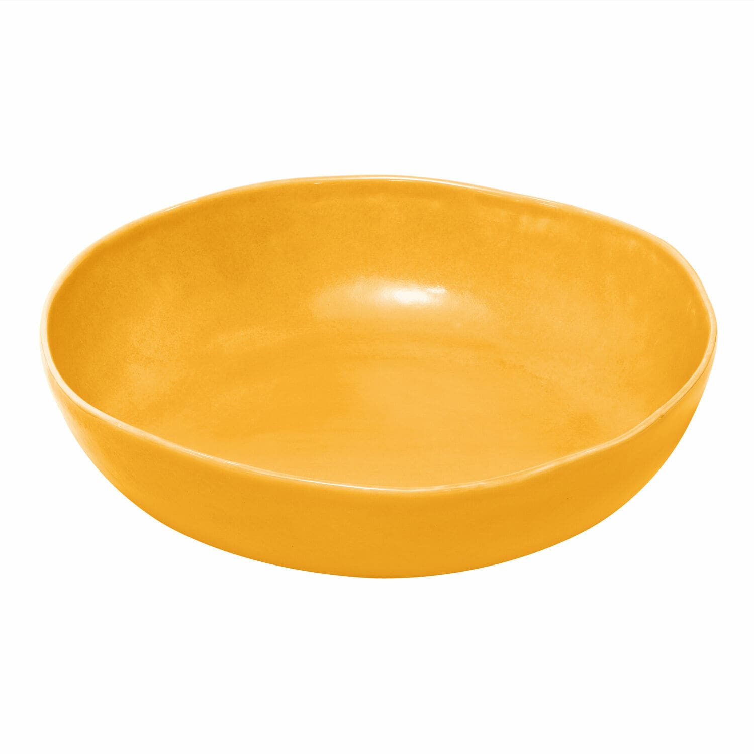 Gelbe Calvi Keramikschüssel mit unregelmäßiger Form, ideal zum Servieren von Speisen.