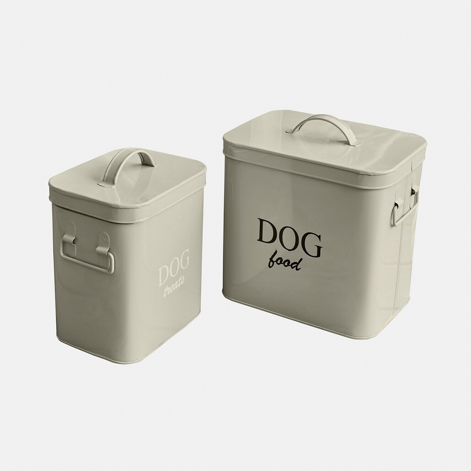 Beige Metallbehälter für Hundefutter und Leckerlis mit Griffen und Deckeln