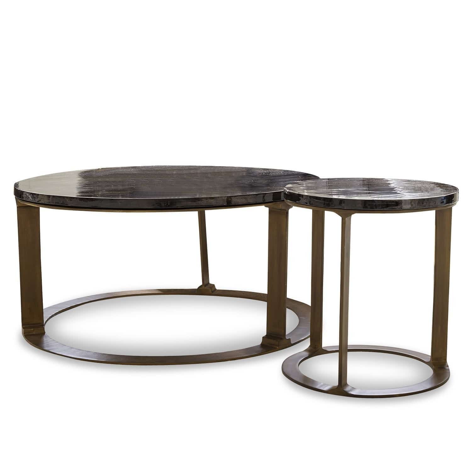 Zweier-Set runder Couchtische mit braunen Metallbeinen und schwarzen glänzenden Tischplatten