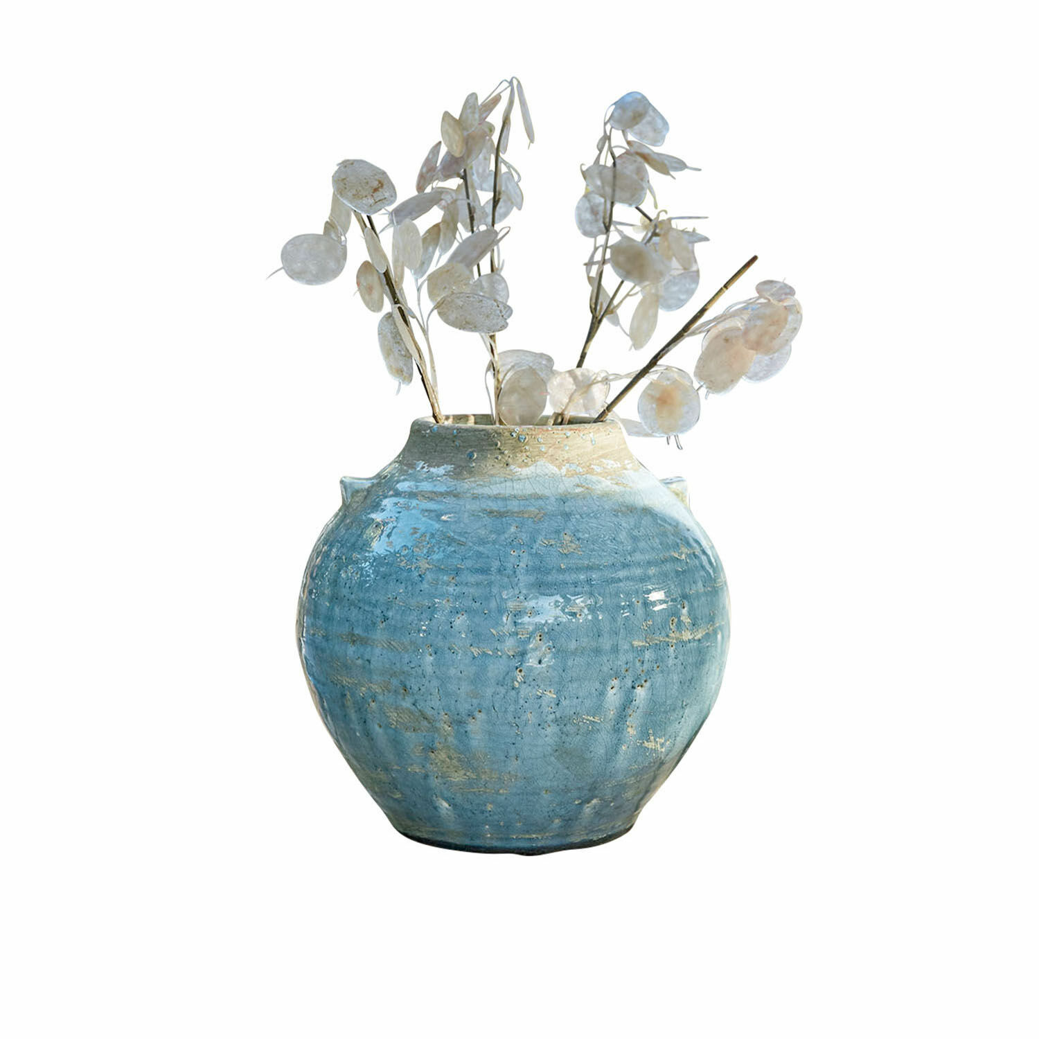 Vase Trevigno Blaue Keramikvase mit weißen getrockneten Blumen als stilvolle Wohnraumdekoration