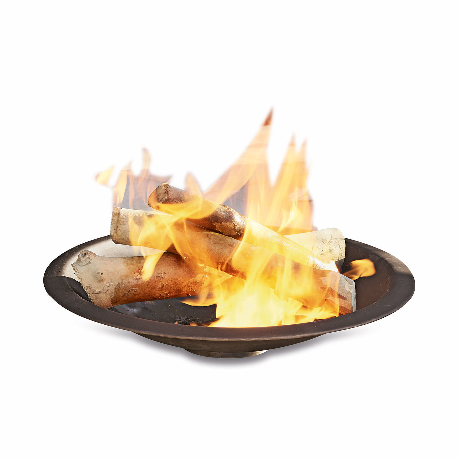 Schwarze Metall-Feuerschale mit brennenden Holzscheiten für den Garten