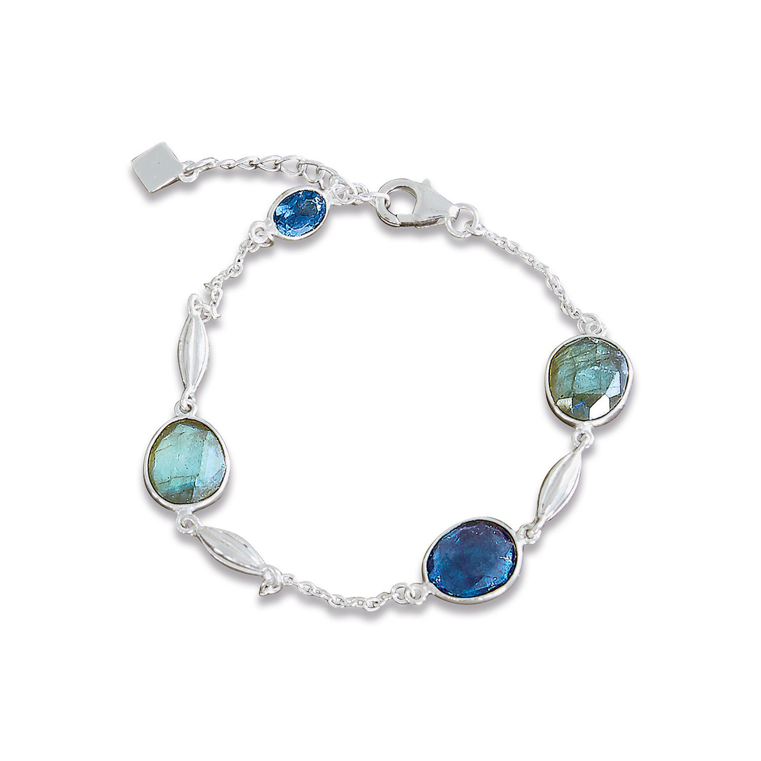 Silberarmband mit blauen und grünen Edelsteinen, eleganter Damenschmuck