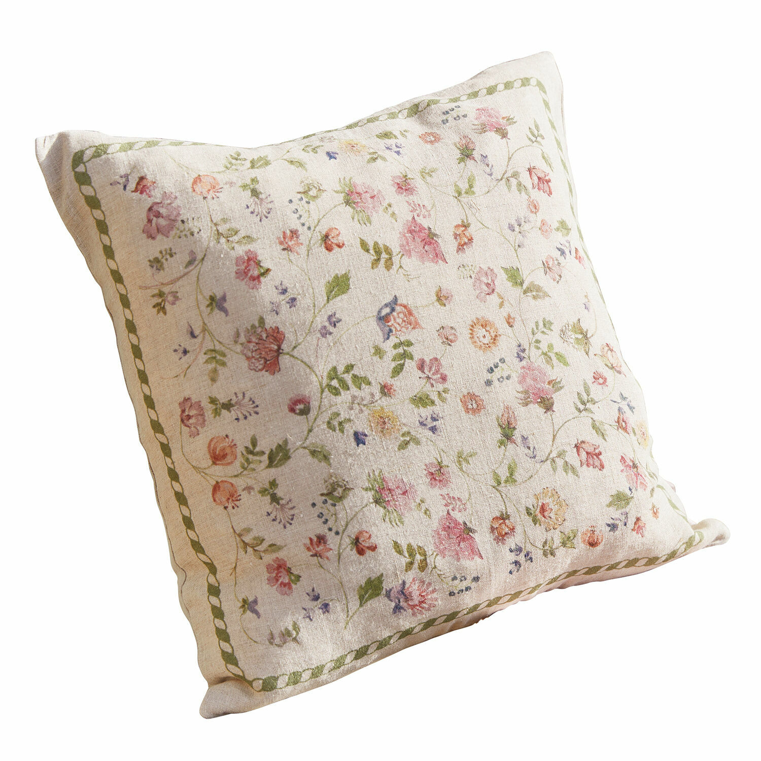 Kissenhülle Karratha Dekoratives Baumwollkissen in Creme mit buntem Blumenmuster und grünem Rand
