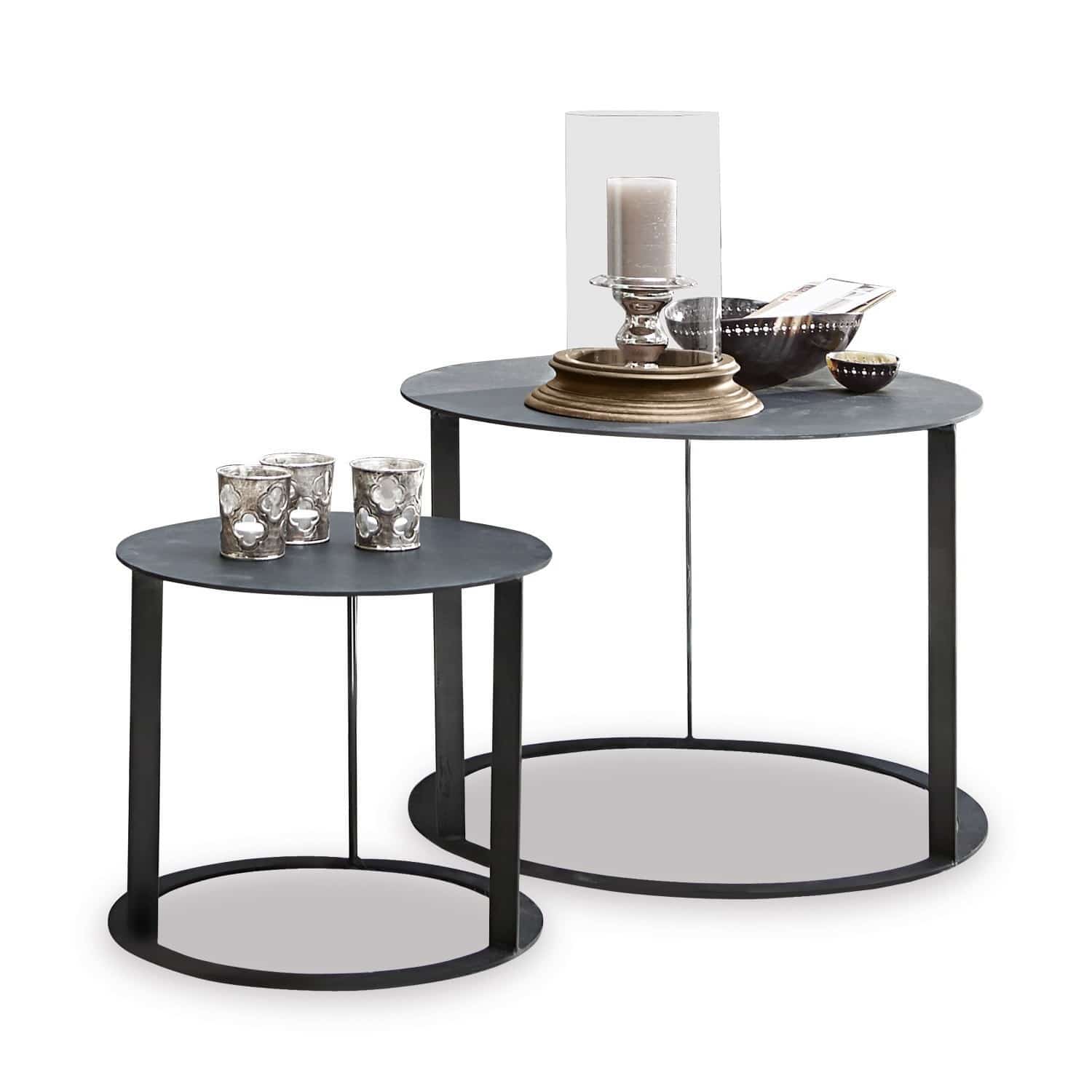 Set aus zwei runden Beistelltischen aus schwarzem Metall für Wohnzimmer und Innendekor