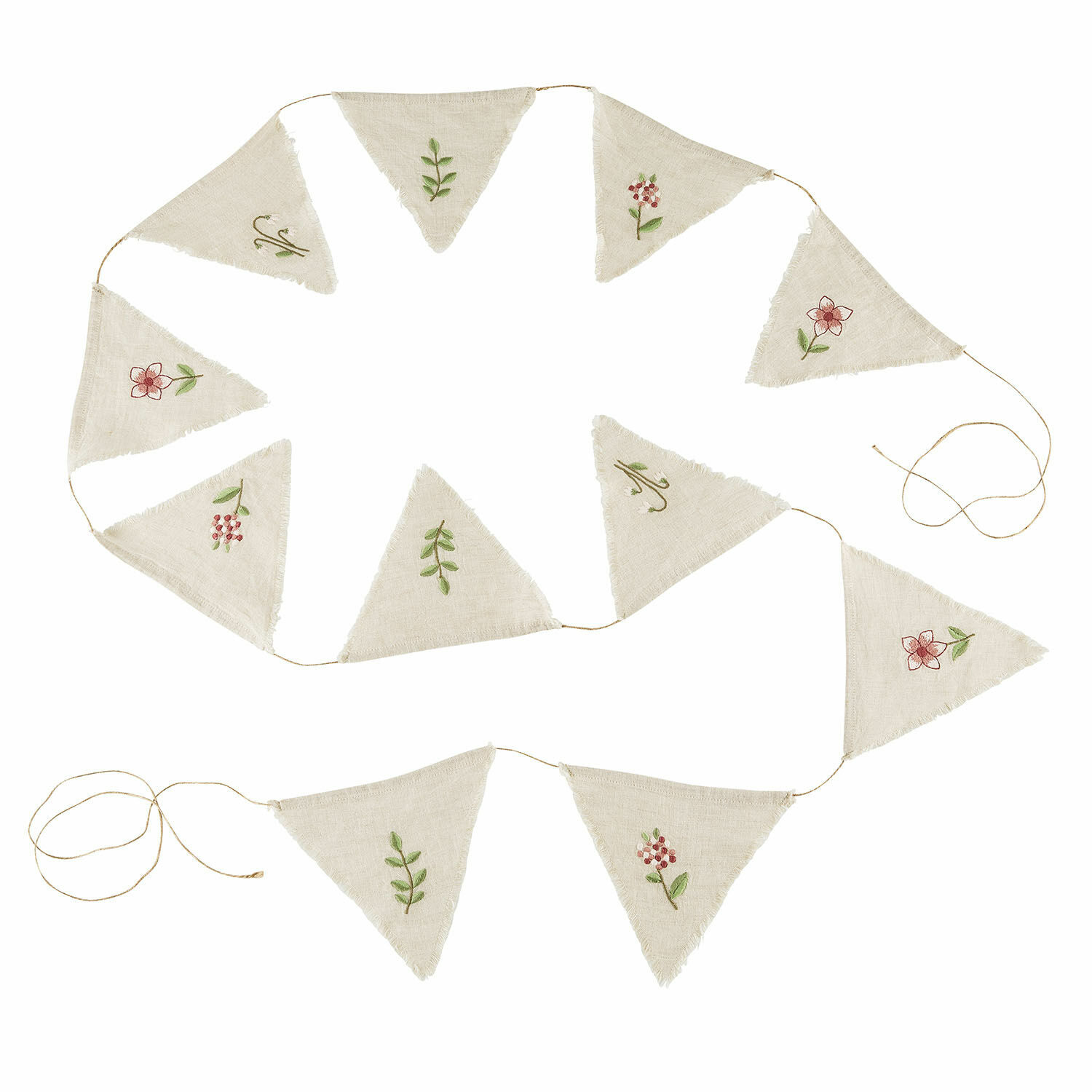 Wimpelgirlande Viyan Girlande aus naturfarbenem Leinen mit bestickten Blumenmotiven, dekorative Wohn- und Gartendeko