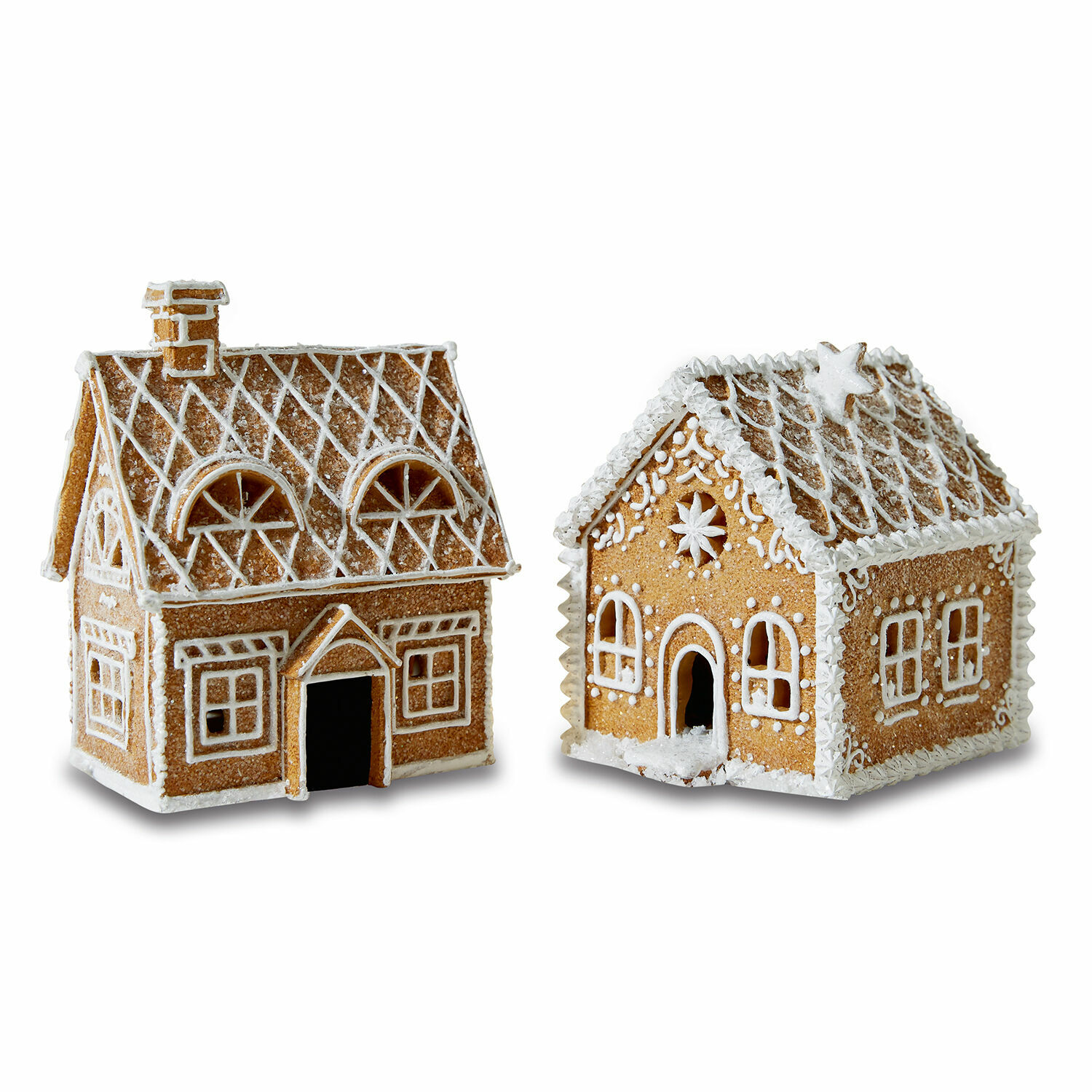Deko-Haus 2er Set Tarreau Zwei Lebkuchenhäuser mit weißer Zuckerglasur und festlichen Verzierungen, Weihnachtsdekoration
