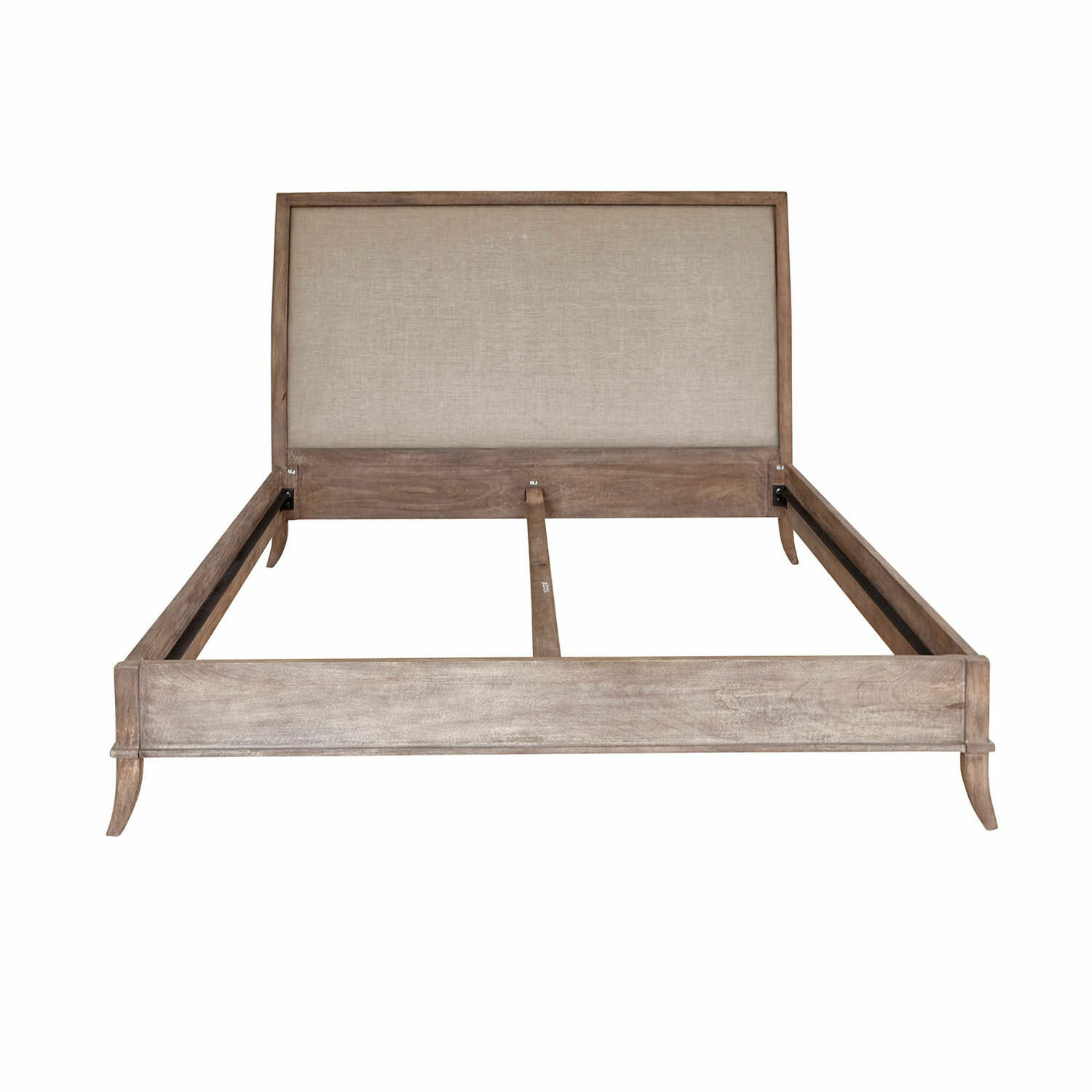 Holz-Bett mit beigem Polsterkopfteil und Rahmen in natürlicher Holzfarbe