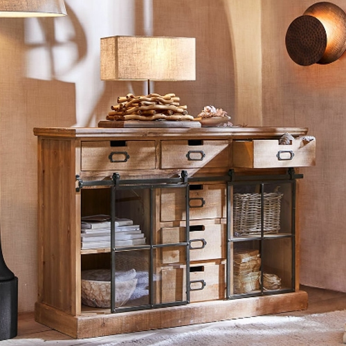 Holzkommode in Naturfarbe mit Schubladen und Glastüren, Wohnzimmermöbel