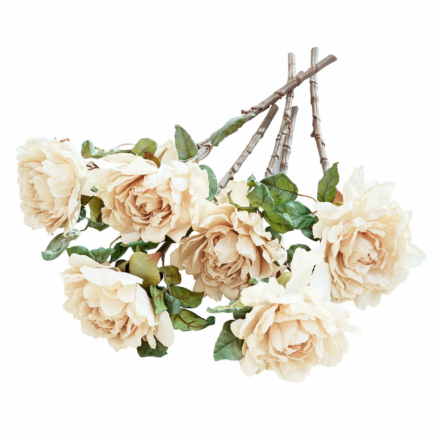 Deko-Blume 6er Set Mervix Strauß cremefarbener künstlicher Rosen mit grünen Blättern an braunen Stielen zur Wohnraumdekoration