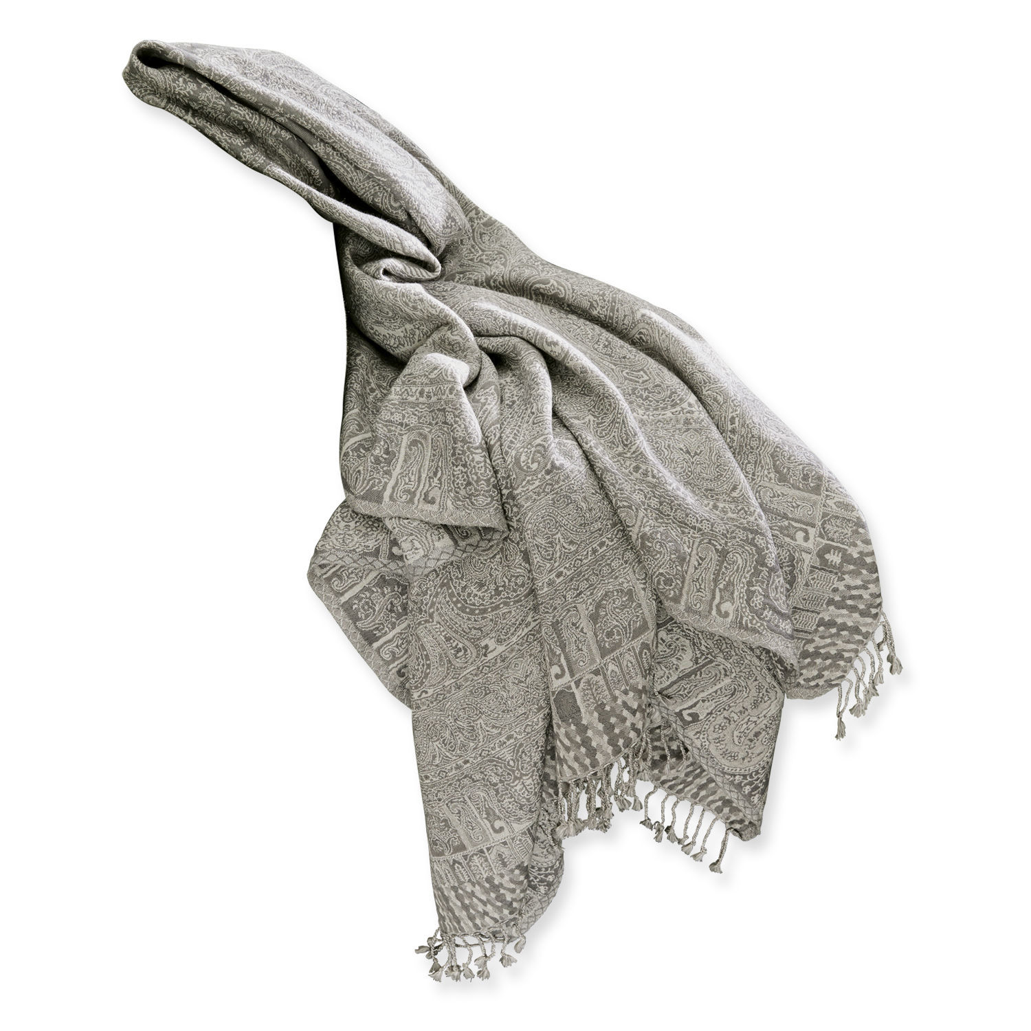 Grauer Plaid mit feinem Muster und Fransen, weiches Material für Wohnkultur und Komfort.