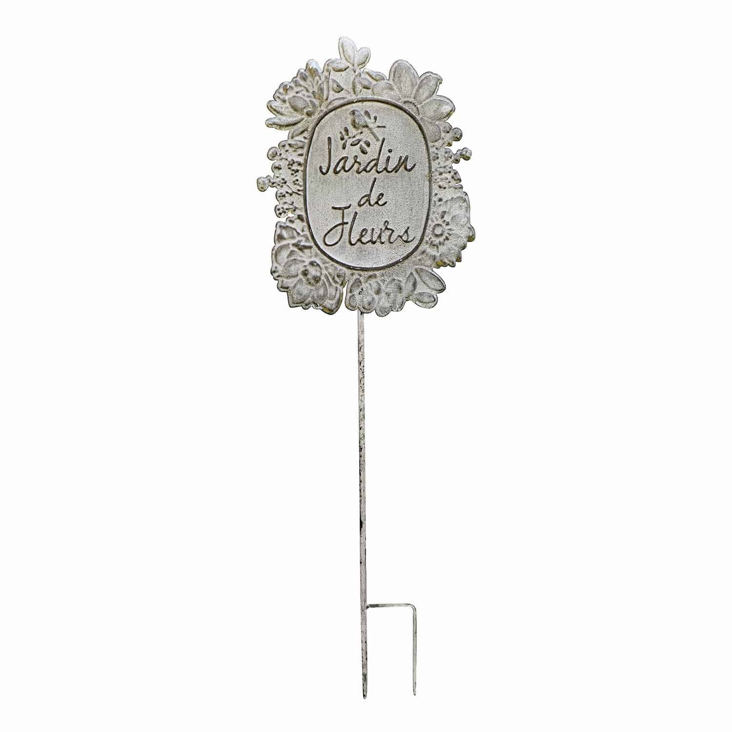 Gartenstab Luanda Weißes Metall-Gartenschild mit Schriftzug Jardin de Fleurs und Blumenornamenten