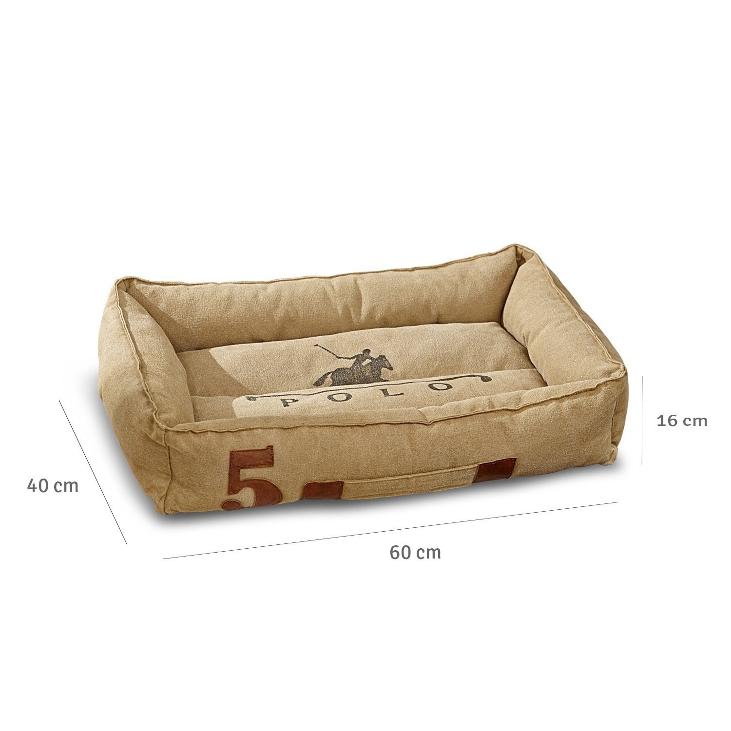 Beiges Hundebett aus Stoff mit Polo-Aufdruck und Zahl 5, bequem und robust