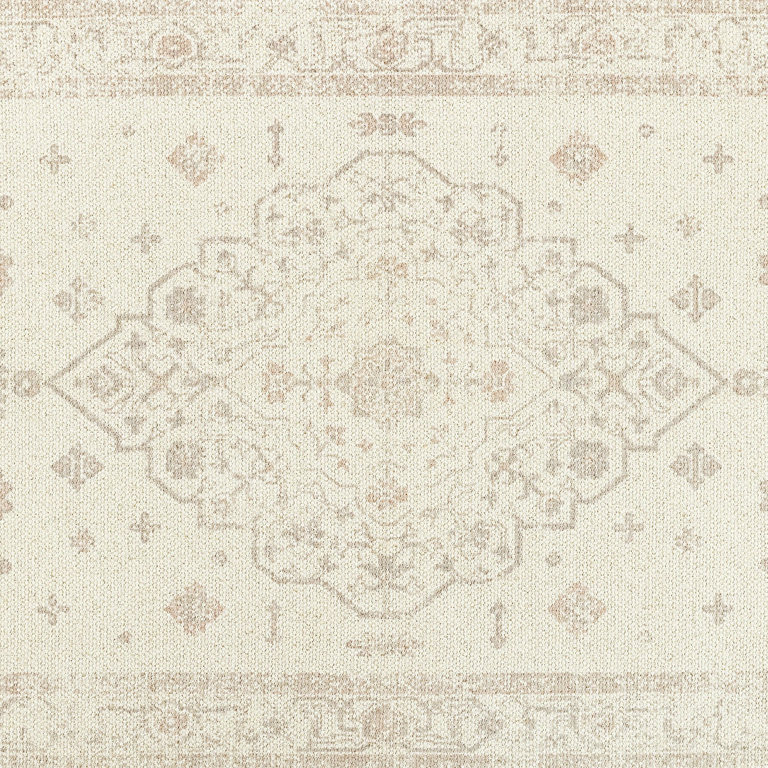 Beigefarbener Teppich mit feinem orientalischem Muster, weiches Material, Wohnaccessoire