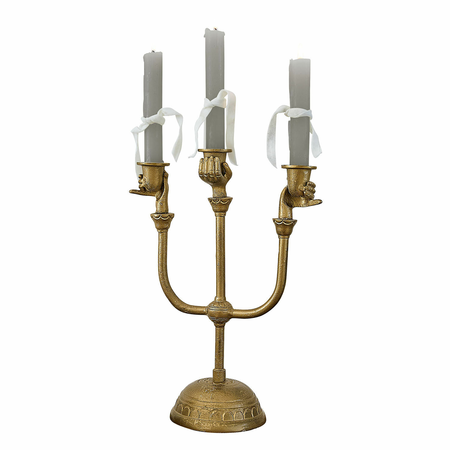 Kerzenständer Joravel Goldener dreiflammiger Kerzenhalter mit grauen Kerzen und Handmotiven, verziert mit weißen Schleifen