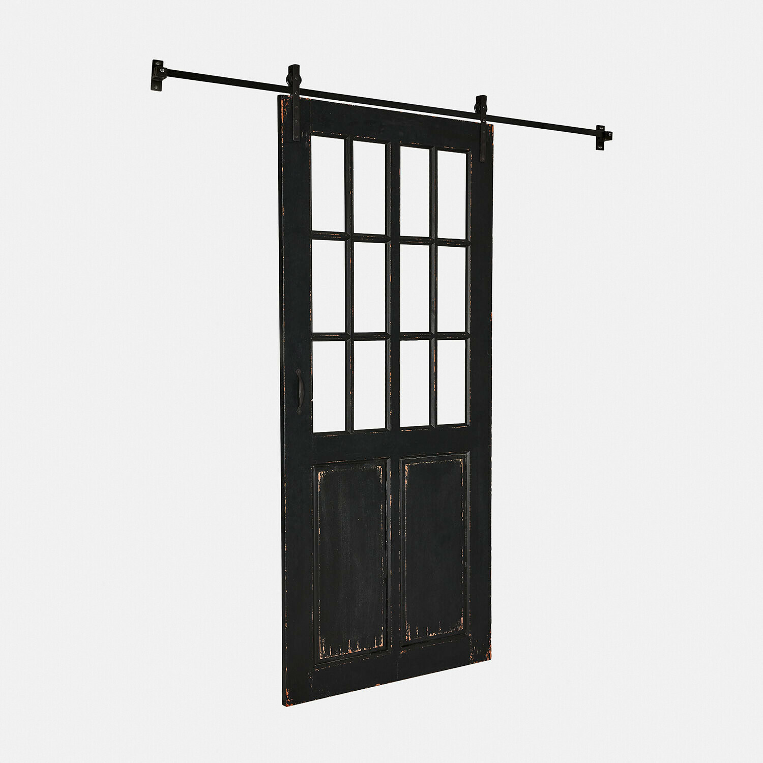 Schiebetür Sorelles aus antik schwarzem Holz mit Glasfenstern für stilvolle Raumgestaltung