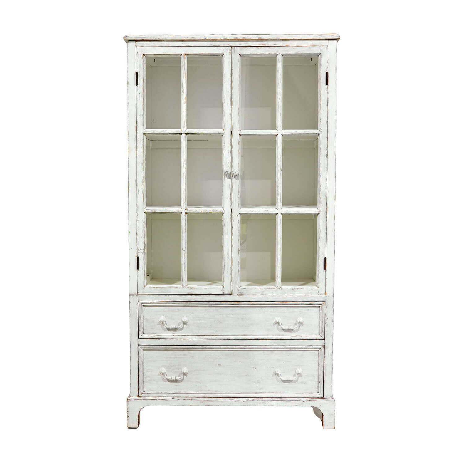 Schrank Jarrowfield Weiße Holzvitrine mit Glastüren und zwei Schubladen im Vintage-Stil