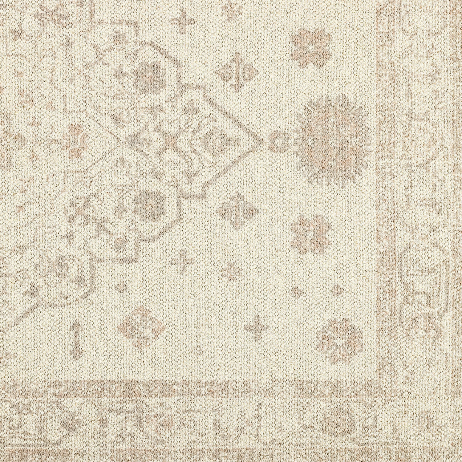 Beiger Teppich mit dezentem Vintage-Muster, weiches Material, stilvolle Wohnraumdekoration