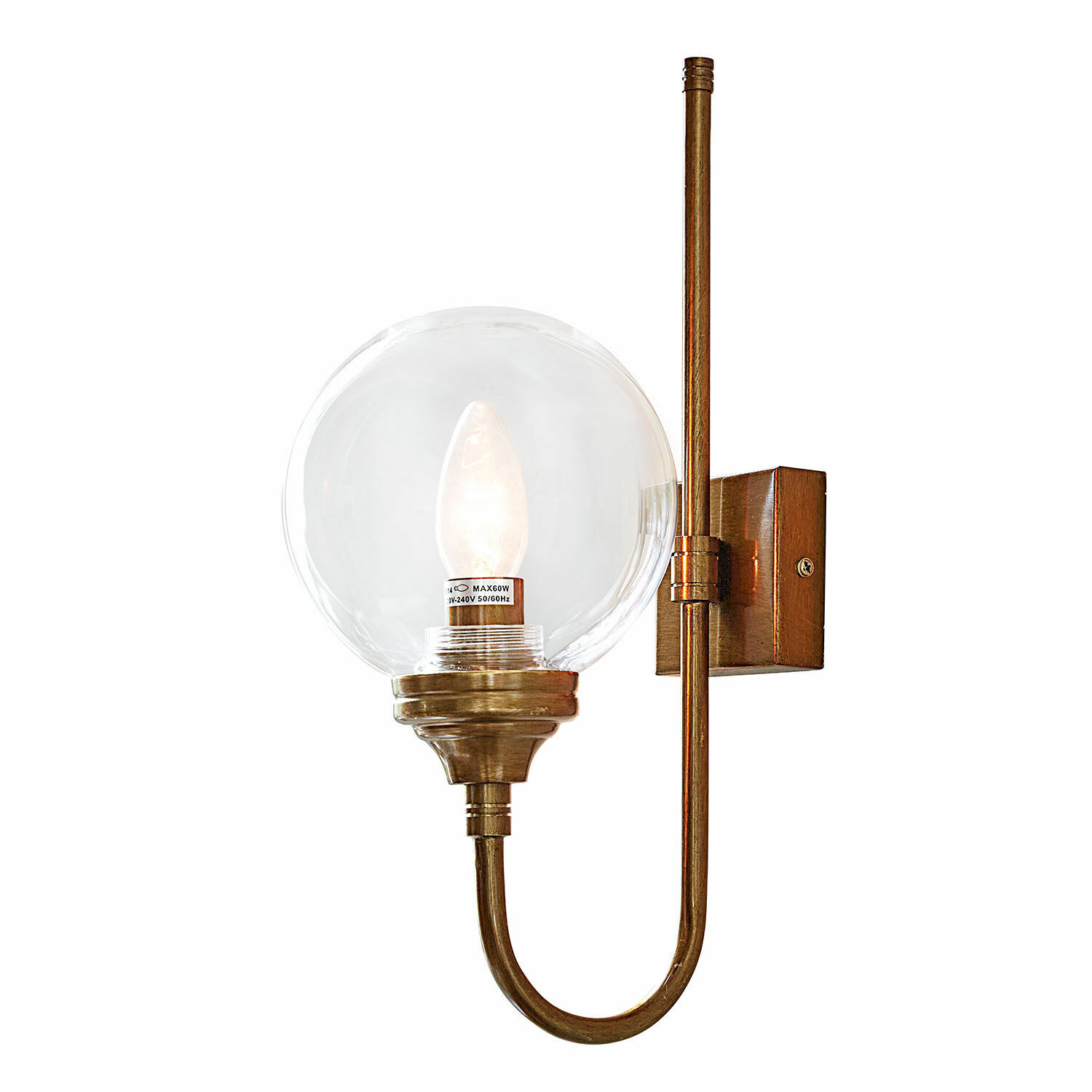 Wandlampe Anthé Wandleuchte aus Messing mit klarem Glasball und LED-Lampe für stilvolle Innenbeleuchtung