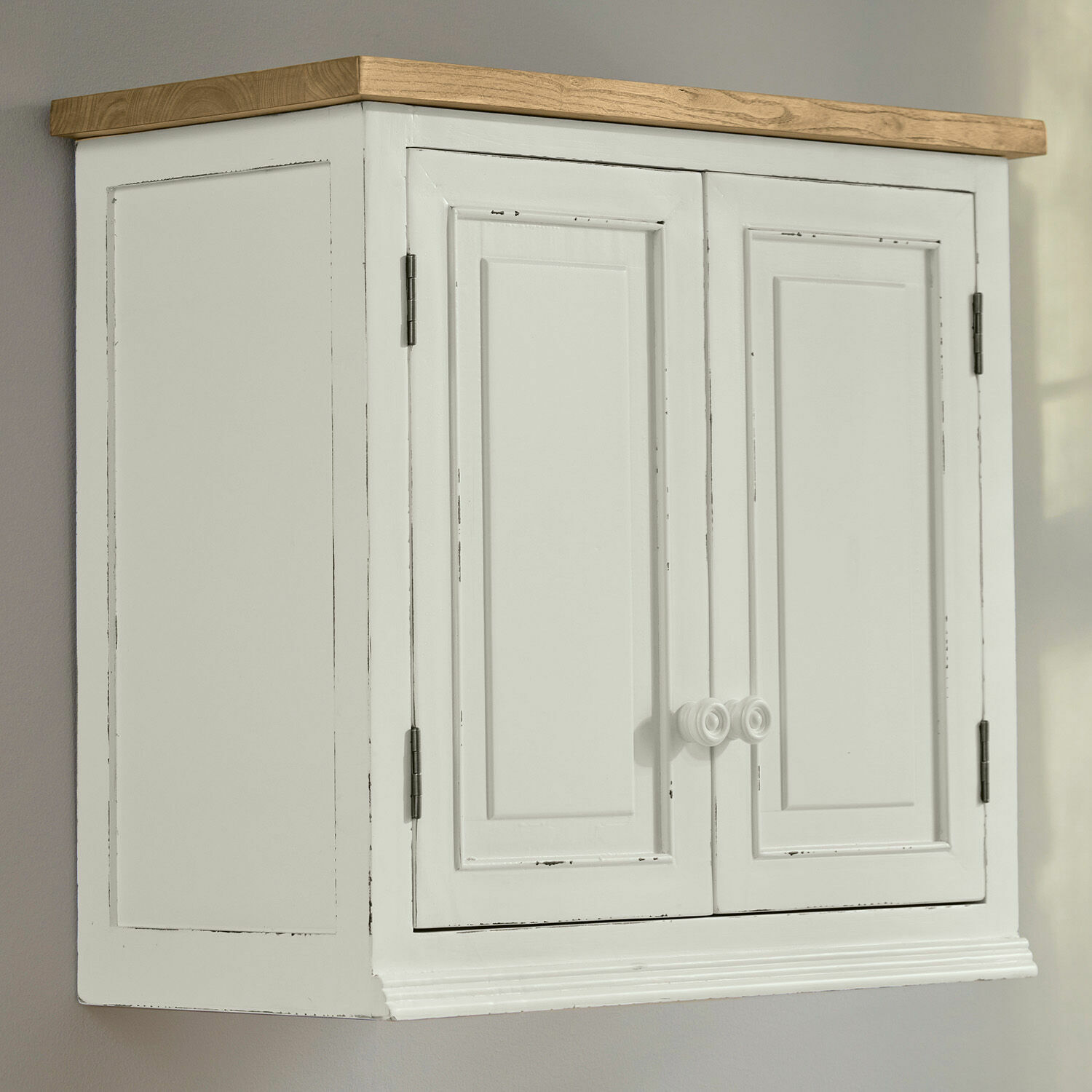 Weiße Holz-Wandschrank mit natürlicher Holzplatte, Vintage-Stil, Aufbewahrungsmöbel