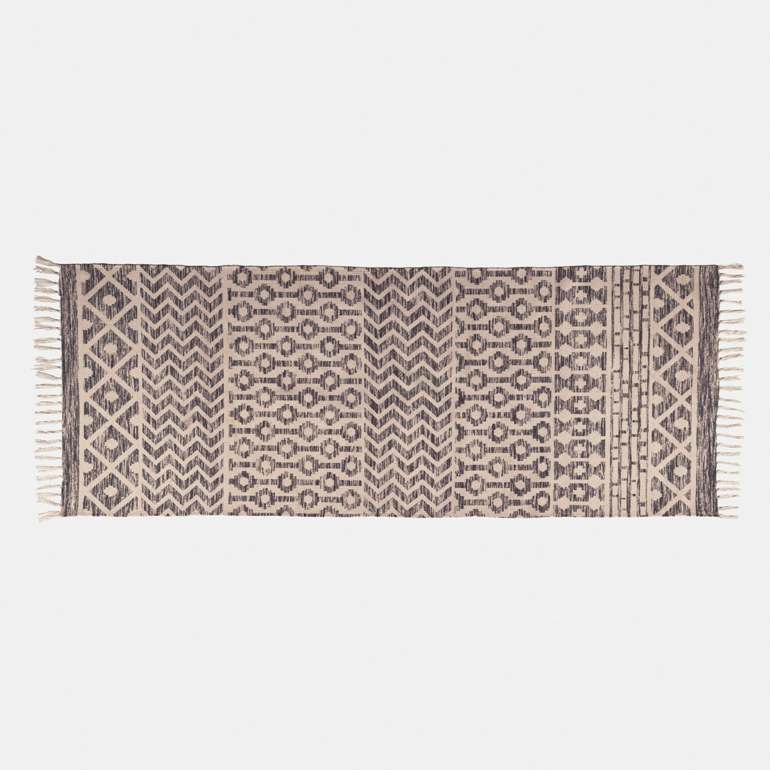 In- & Outdoor-Fußmatte Champigny Baumwollteppich in Creme mit schwarzen geometrischen Mustern und Fransen, Wohnraumdekoration