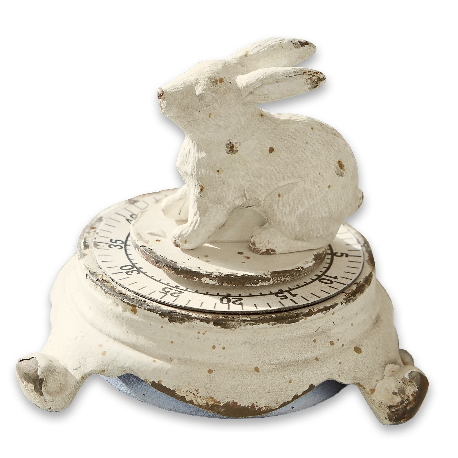 Eieruhr Terese Weißer Metall-Küchenwecker mit Hasenfigur und antikem Used-Look