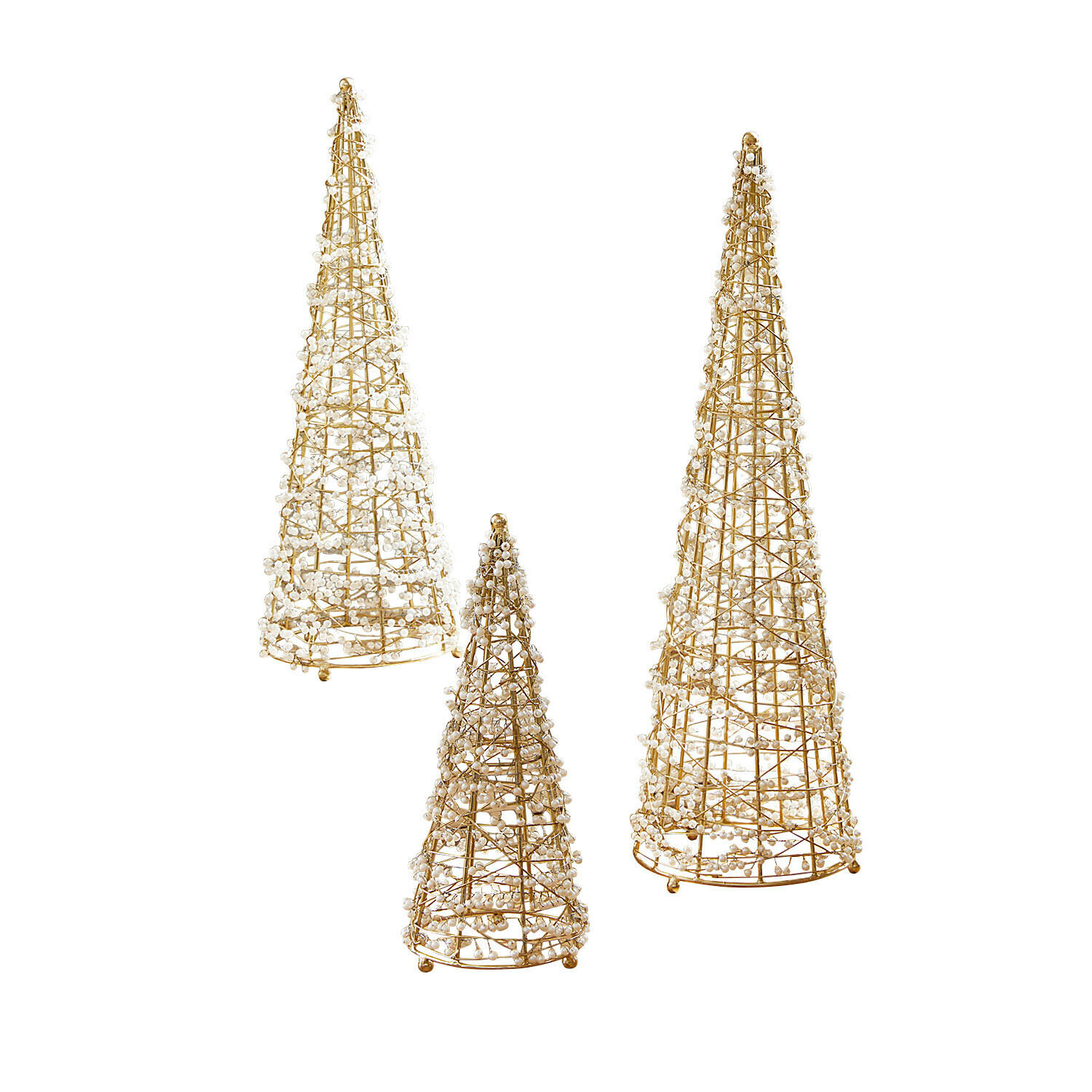 Deko-Baum 3er Set Amelioro Set aus drei goldfarbenen Kegeldekorationen mit weißen Kugeln, festliche Wohnaccessoires