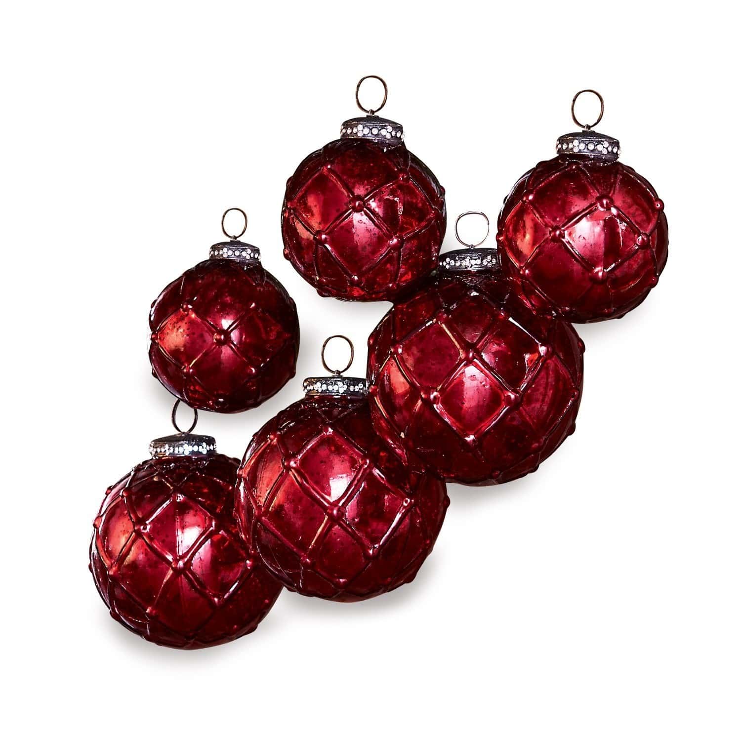 Weihnachtsschmuck 6er Set Roubi Set aus roten Christbaumkugeln aus Glas mit dekorativem Muster und Metallaufhänger
